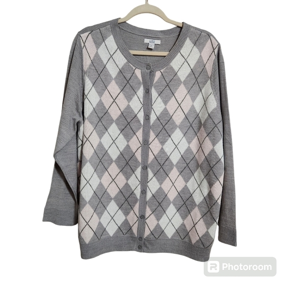 Croft & Barrow Women's Plus Cardigan Sweater Button Up Argyle, sz 1X - Picture 1 of 7